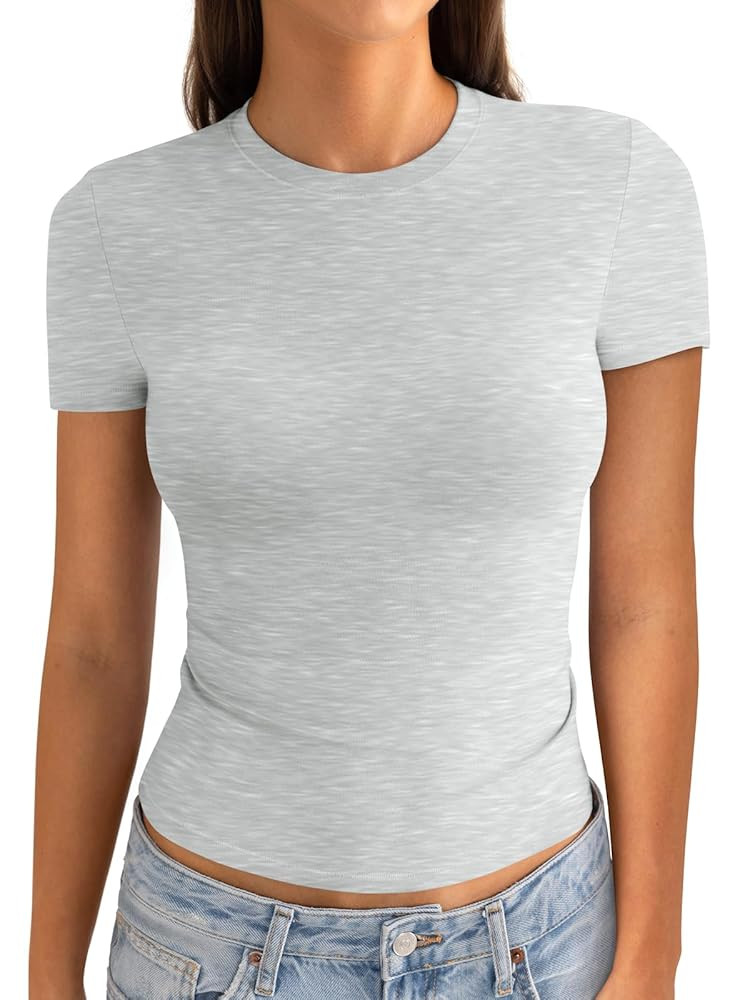 Womens Cotton Crew Neck Short Sleeve Shirts Summer Top Fashion Round Neck Crop Tops Basic Going O... | Amazon (US)