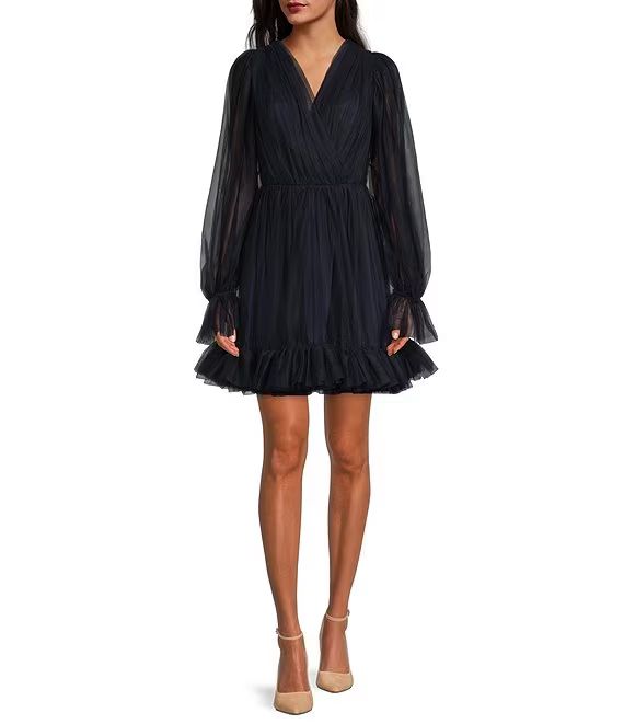 Trina Turk Moonstruck Tulle V-Neck Illusion Sleeve A-Line Dress | Dillard's | Dillard's
