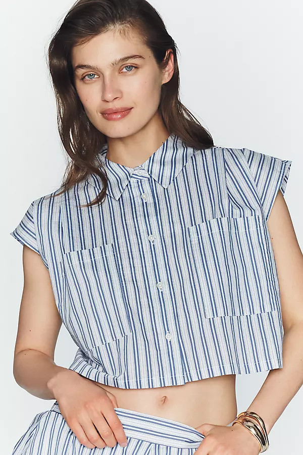 Maeve Cap-Sleeve Crop Buttondown Top | Anthropologie (US)