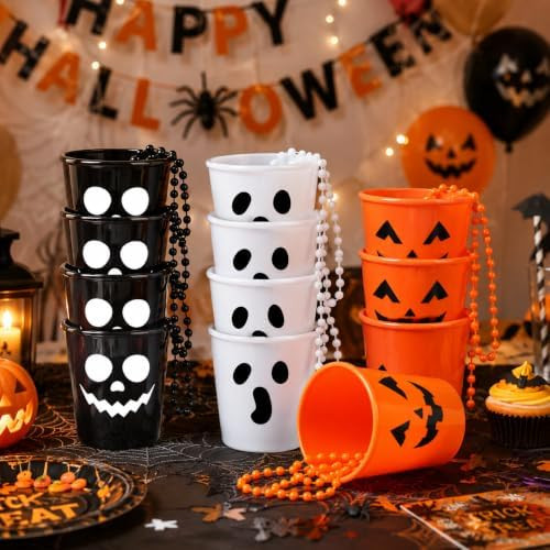 Bearhug 12 PCS Halloween Shot Glasses on Beaded Necklaces, Plastic Shot Glasses with Skull Ghost ... | Amazon (US)