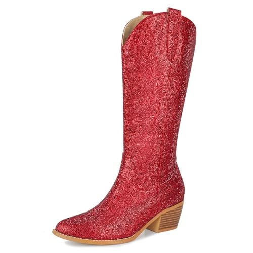 STALOV Women's Rhinestone Cowboy Boots Glitter Sparkly Cowgirl Boots Western Pointed Toe Side Zipper Knee High Boots | Amazon (US)