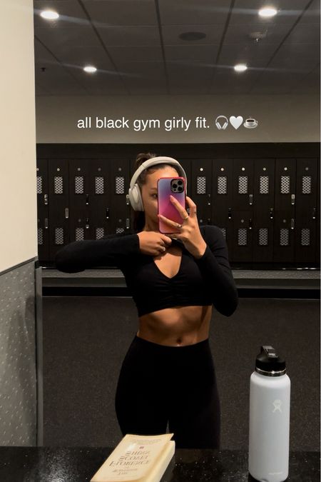 all black gym outfit 🎧🤍☕️ full outfit is alo yoga! the flare leggings are AMAZING & this sports bra gives the girls a little help 😉 the coverup is also incredible - I already have it in white and wear it constantly! The perfect top layer for a workout imo 🎀💞