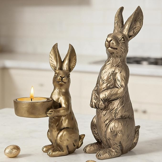 DN DECONATION Golden Easter Bunny Figurines Set of 2, Gilded Resin Rabbit Statue with Tealight Ho... | Amazon (CA)