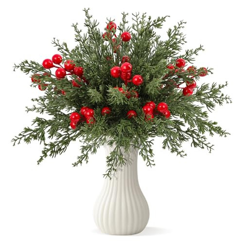 50 Pcs Christmas Artificial Pine Branches with Red Berry Stems, 10.5" Faux Evergreen Norfolk Pine Cypress Leaves Stems- Fake Foliage Pine Needles Picks for DIY Craft Garland Home Décor | Amazon (US)