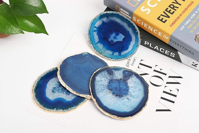 JIC Gem Golden Plated Dyed Blue Agate Coasters, Agate Coasters Set of 4, 3-4", Crystal Coasters w... | Amazon (US)