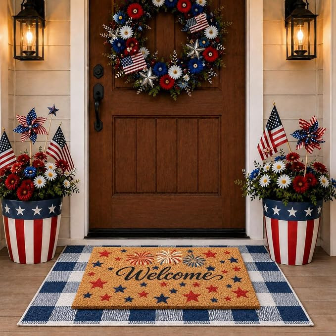 4th of July Welcome Mat Outdoor, 2 Pack Patriotic Entryway Rug Set, USA American Flag Front Door ... | Amazon (US)