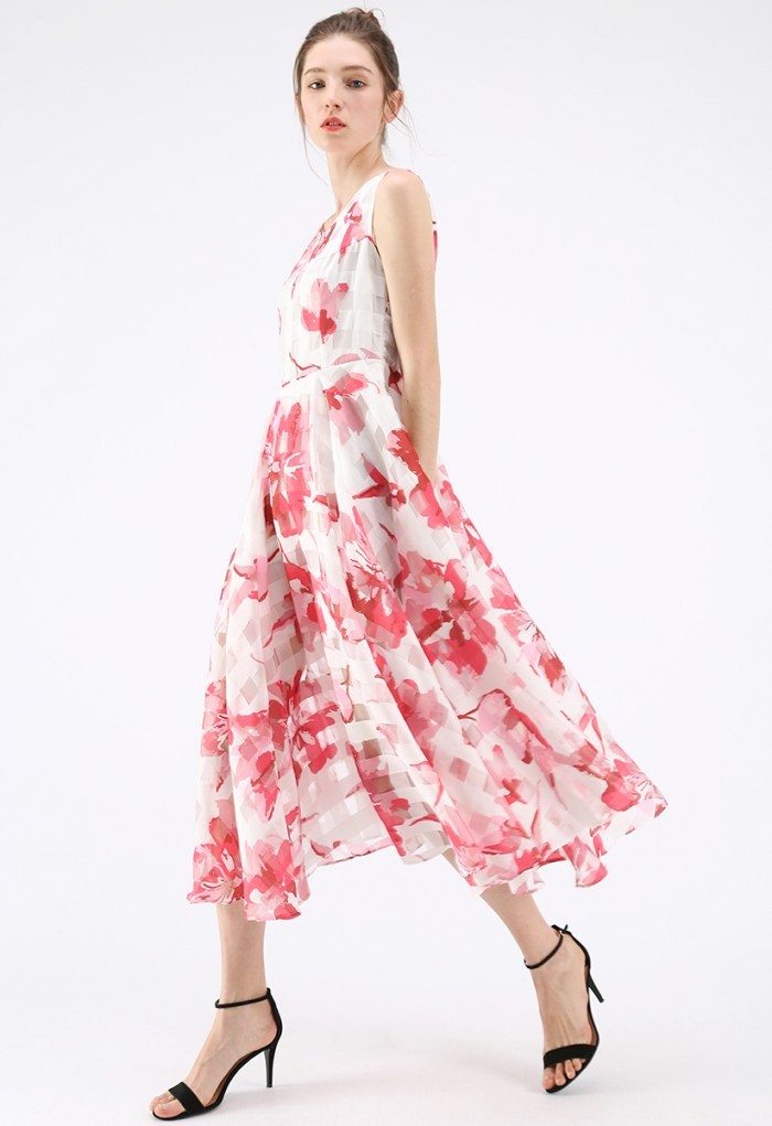 Eyes On Me Red Floral Printed Gingham Organza Midi Dress | Chicwish