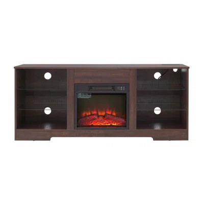 TV Stand Electric Fireplace Glass Shelves, 3D Fireplace TV Stand with LED Lights Wood with USB Charging Outlet Modern Television Table Center for TV u | Wayfair North America