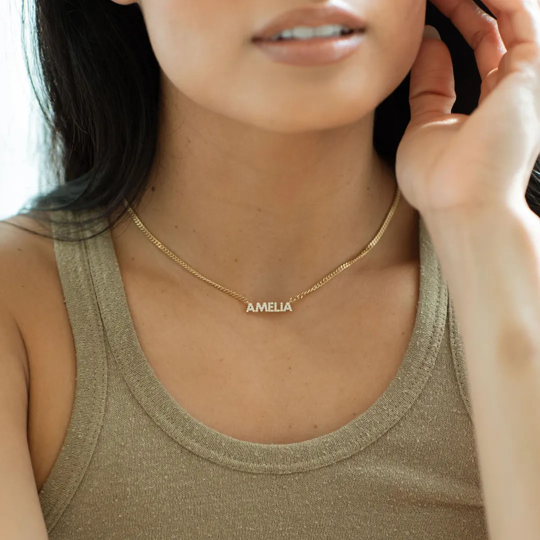 Dainty Pavé Name Necklace With Curb Chain by Gracepersonalized Custom Name With Cubic Zirconia L... | Etsy (US)