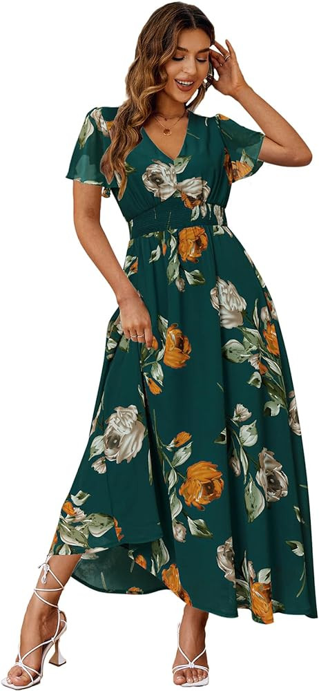 Simplee Women's Boho Floral Maxi Dress Flowy Casual V Neck Short Sleeve Wedding Guest Holiday Bea... | Amazon (US)
