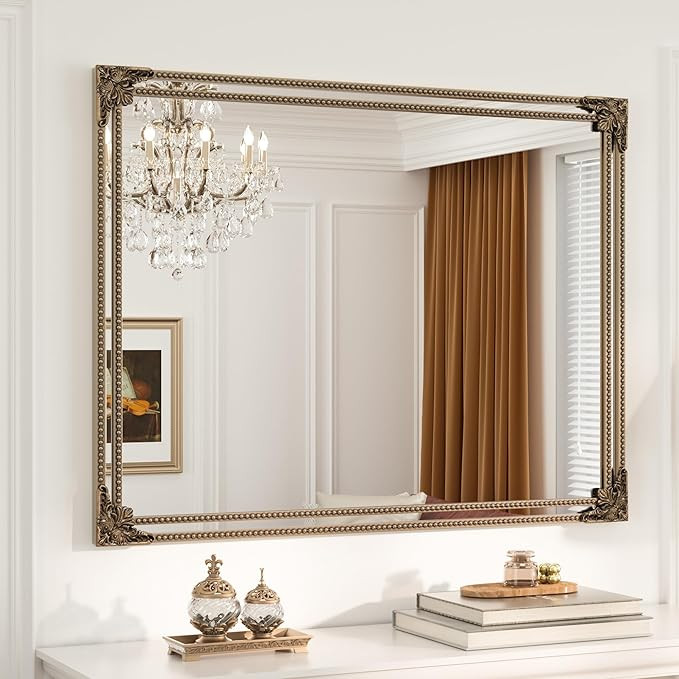 Keonjinn Brass Vintage Mirror for Wall, 40" x 30" Antique Gold Mirrors with Metal Frame, Baroque ... | Amazon (US)