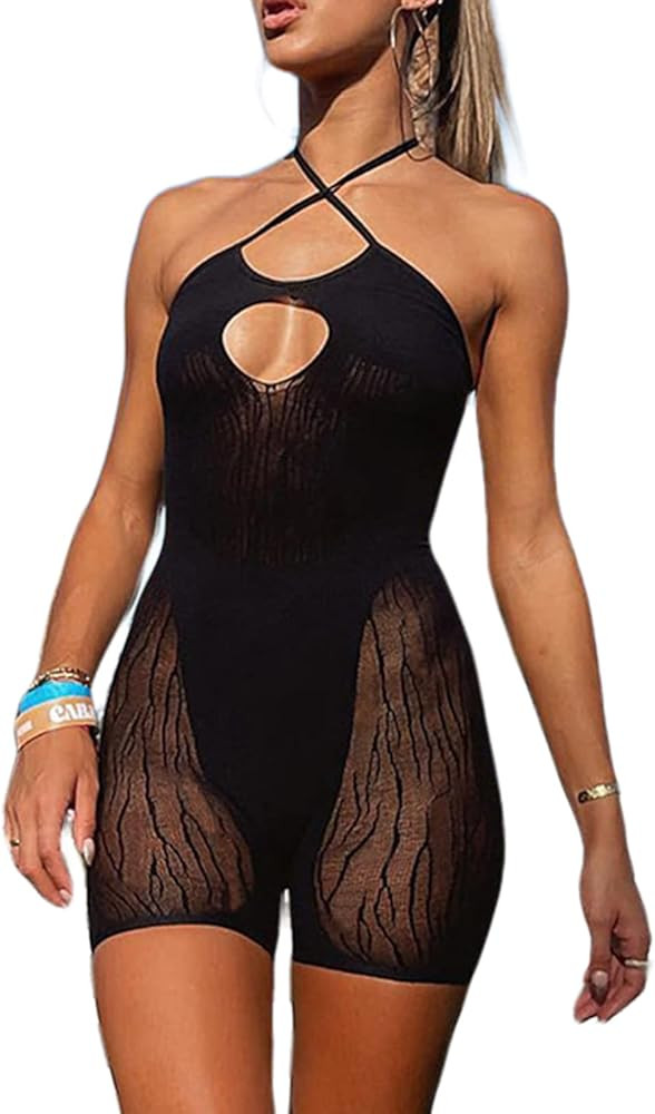 Hilinker Women's Sexy Criss Cross Halter Neck Romper Short Pants Mesh Sheer Jumpsuit | Amazon (US)