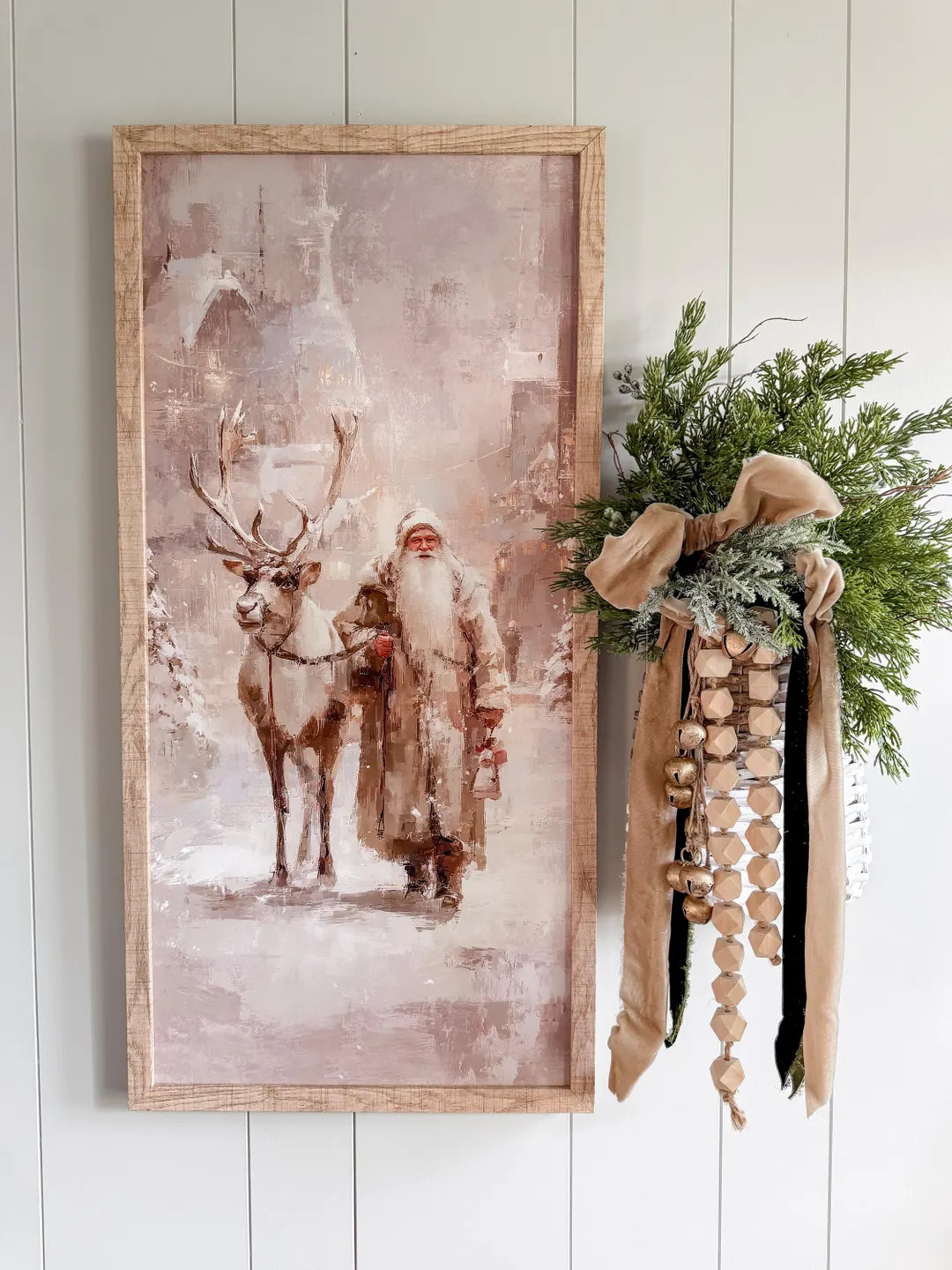 Vintage Neutral Santa & Reindeer Art Print, Vintage Santa Framed Artwork, Handmade Farmhouse Chri... | Etsy (US)