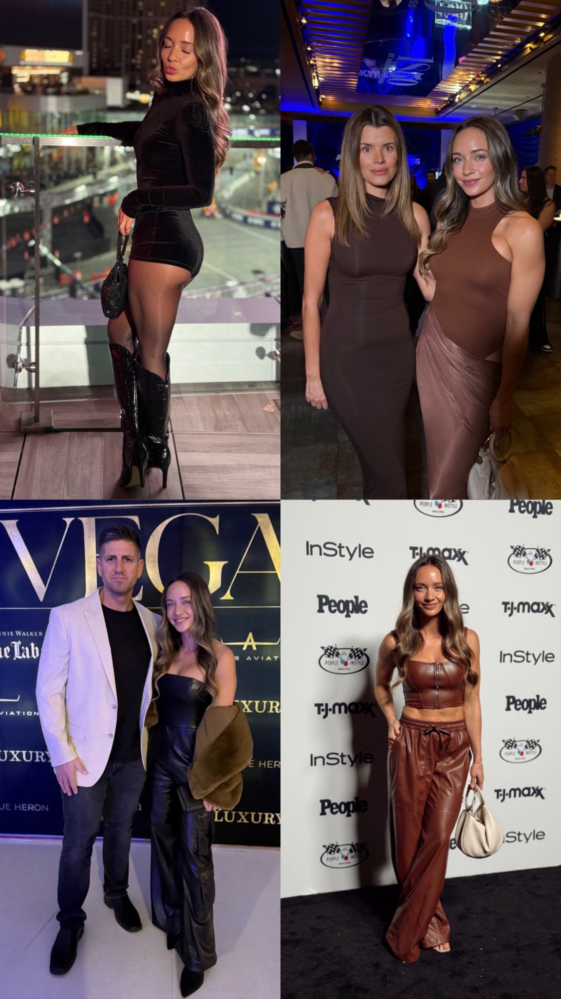 F1 outfits leather jumpsuit
brown leather pants set with crop top
brown bodysuit satin skirt dress
leather romper worn with with black tights black boots and gold belt winter outfit. 

Wore at formula 1 events!

#LTKSaleAlert #LTKSeasonal #LTKHoliday