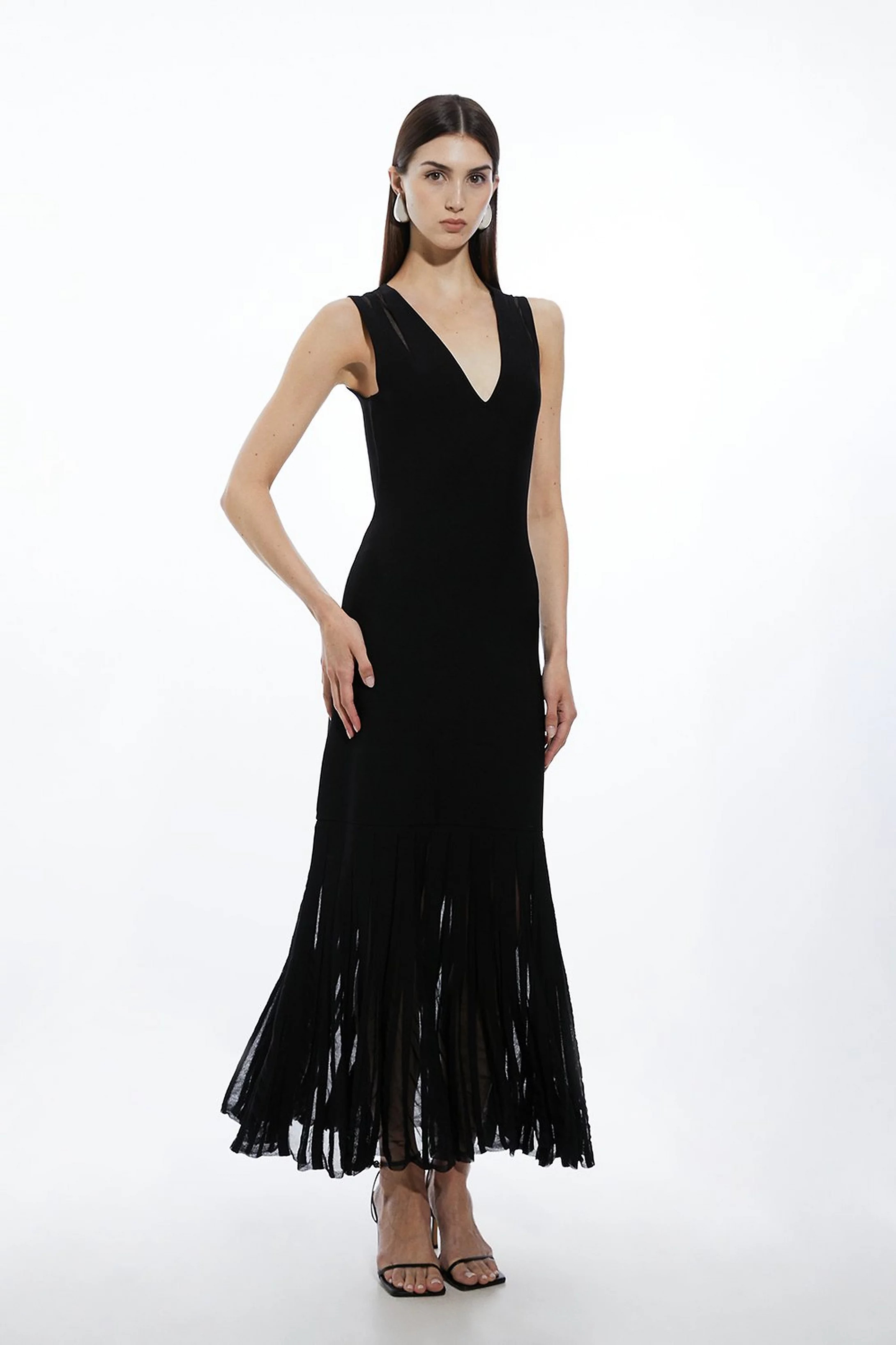 Viscose Blend Sheer Skirt Maxi Knit Dress | Karen Millen UK + IE + DE + NL