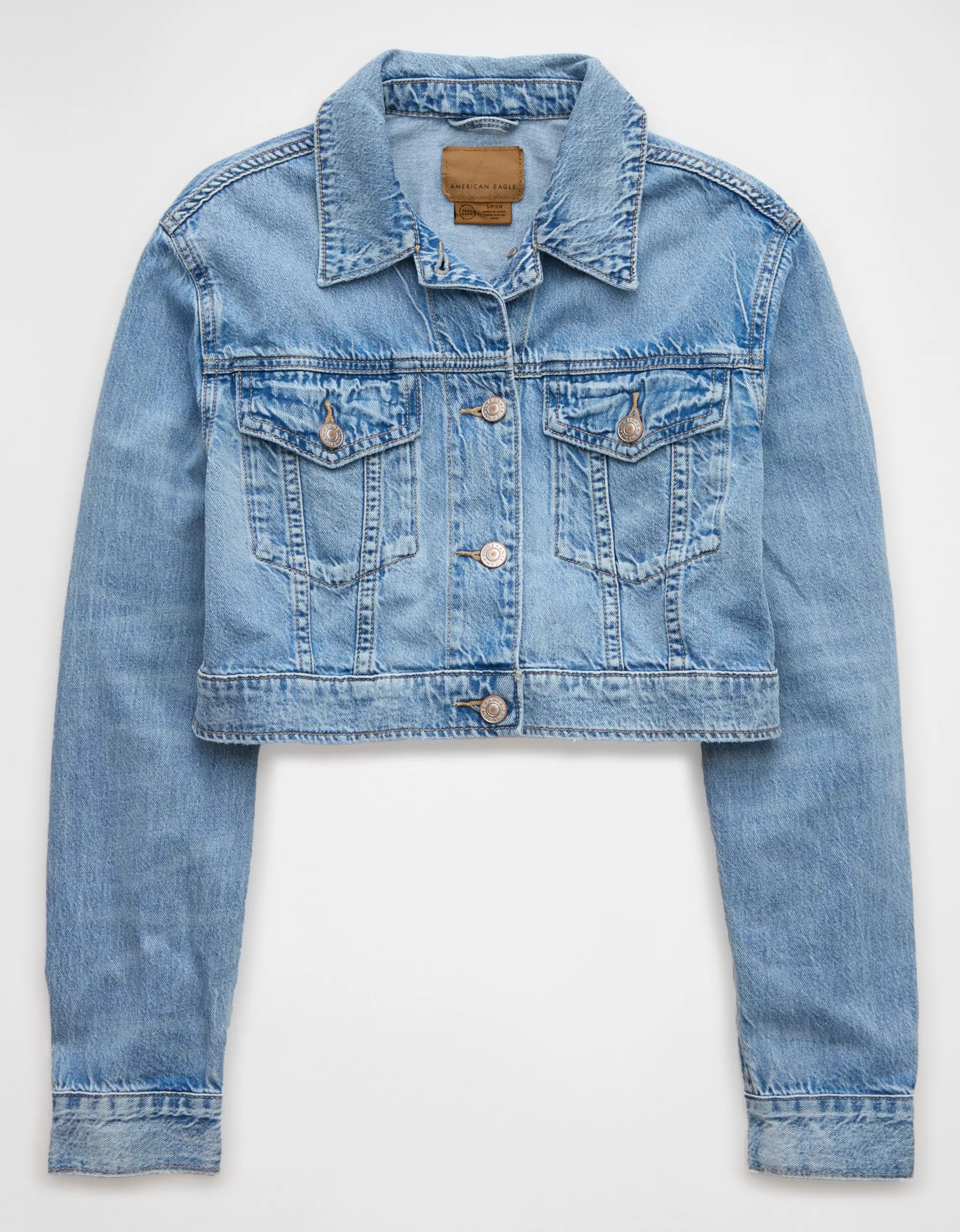 AE Dreamy Drape Super Cropped Denim Jacket | American Eagle Outfitters (US & CA)