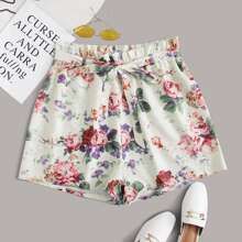 Plus Floral Print Belted Paperbag Shorts | SHEIN