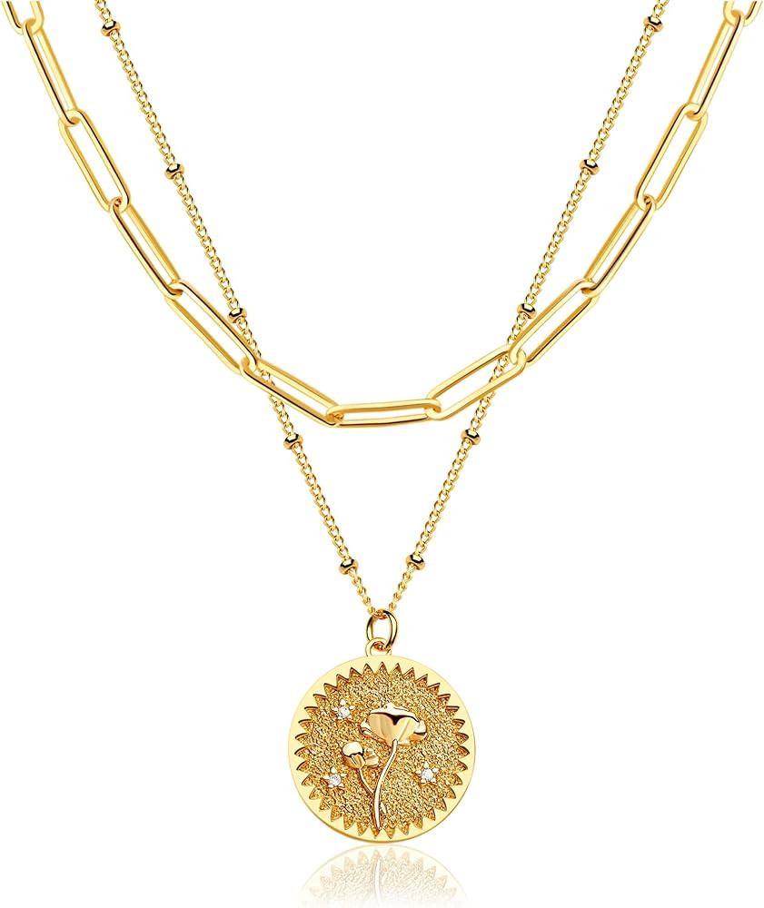 MEVECCO Birth Flower Necklace 18k Gold Engraved Custom Floral Pendant Necklaces Dainty Birth Month F | Amazon (US)