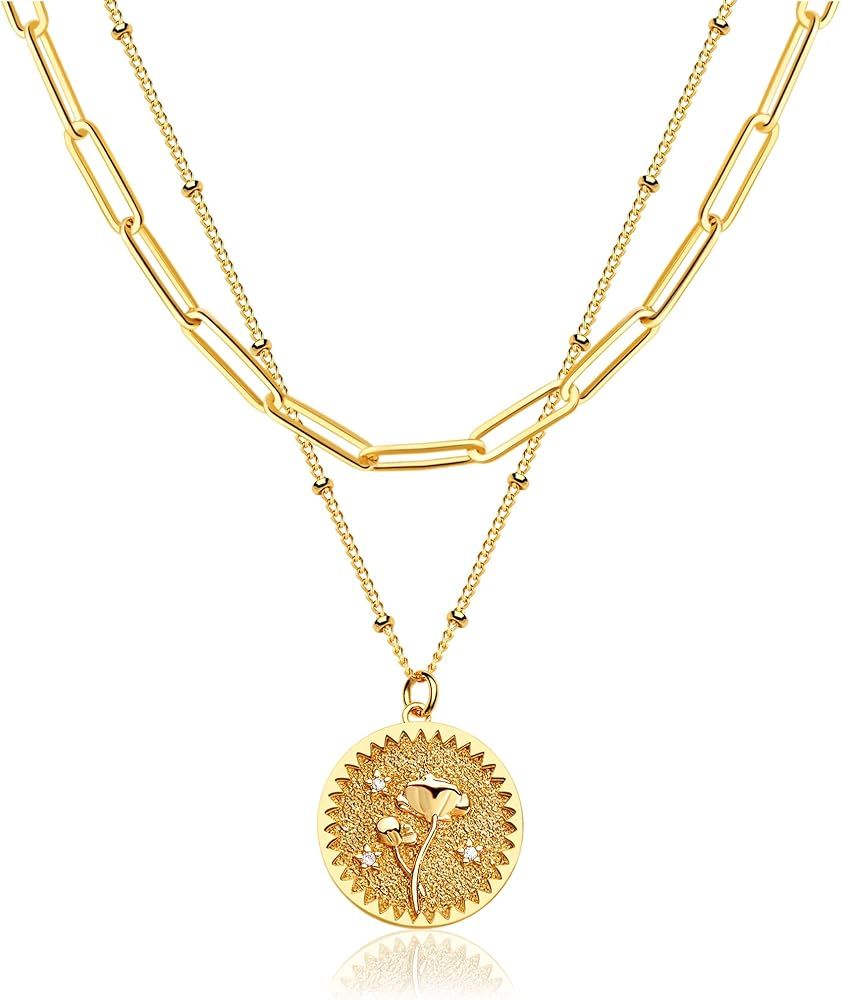 MEVECCO Birth Flower Necklace 18k Gold Engraved Custom Floral Pendant Necklaces Dainty Birth Month F | Amazon (US)