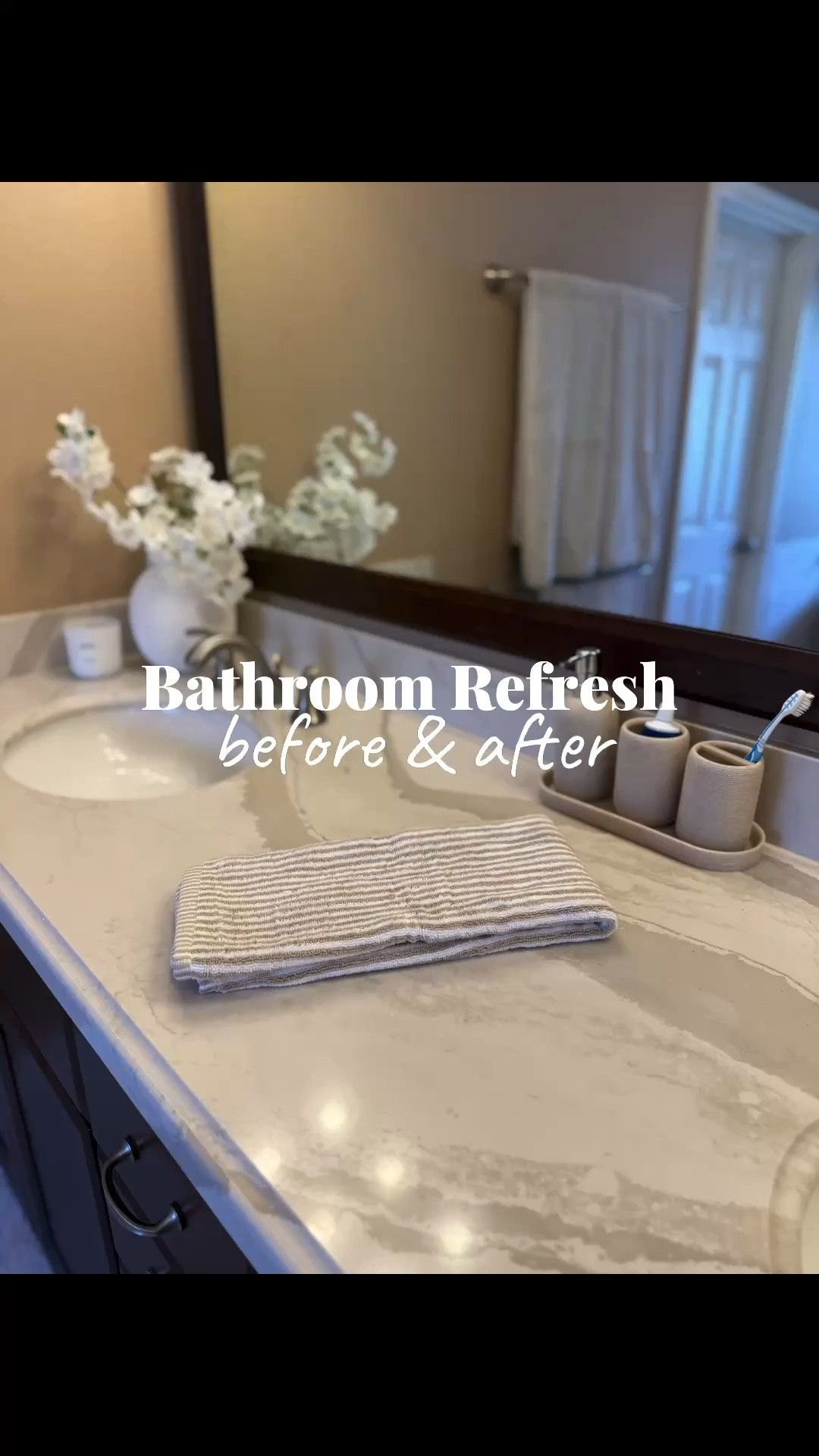 Quick bathroom refresh for under $200 ✨

Here’s what we did to make this space feel brighter, calmer, and more functional:

Swapped the mismatched towels and rugs for lighter, neutral tones to complement the dark cabinets.

Added a neutral toiletry set, rustic vase with faux branches, and a candle for a simple spa-like touch.

Used a small storage basket to hide hygiene products and a larger basket to store extra clean towels.

Small changes really can make a huge difference without spending a fortune! 🤍

Need help refreshing your space on a budget? Follow along for more simple home refresh ideas or message me to help refresh your space!

#LTKbathroom #LTKbeforeandafter #LTKbathroomrefresh

#LTKHome