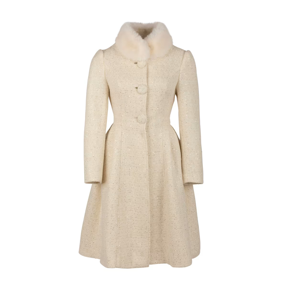 Starlet Wool Tweed Dress Coat With Faux Fur In Crema | Wolf & Badger