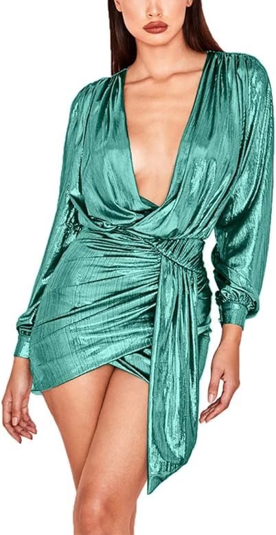 Womens Sexy Deep V Neck Metallic Glitter Ruched Long Sleeve Party Dress | Amazon (US)