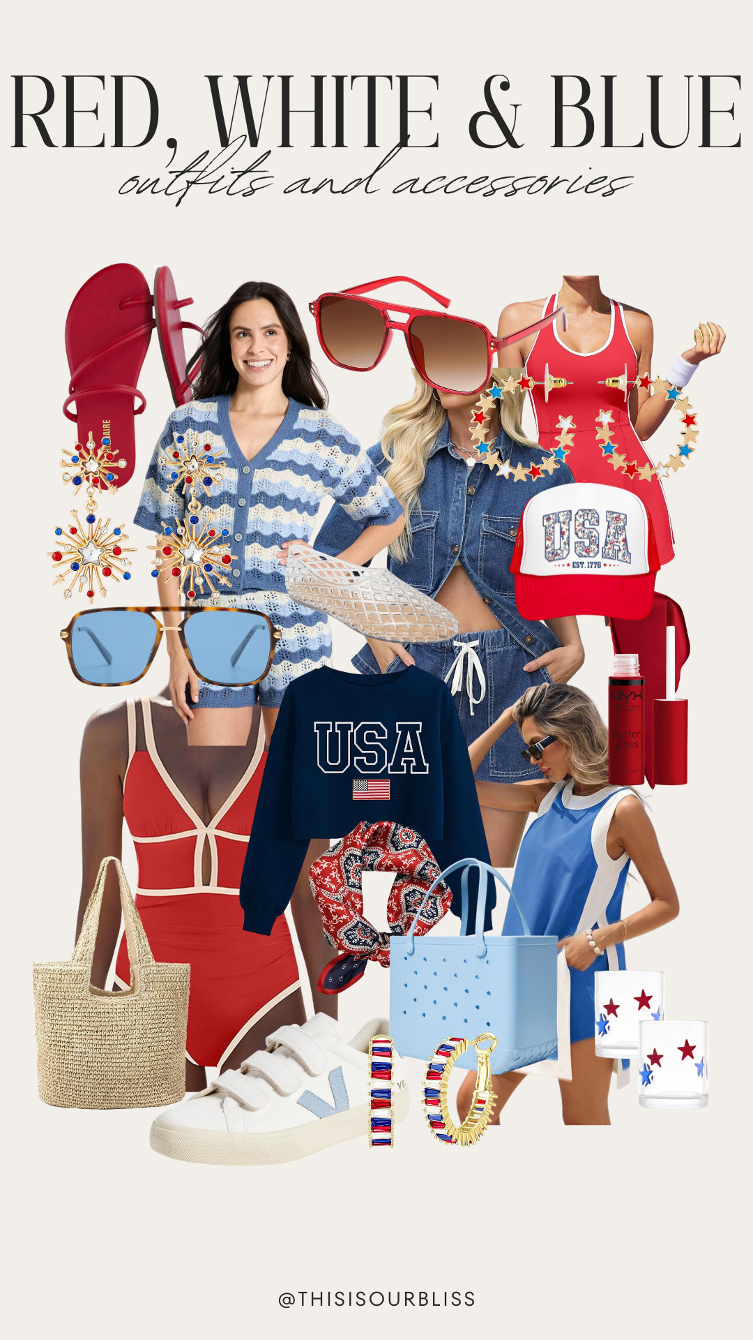 Patriotic outfit inspo for Memorial Day weekemd ❤️🤍💙 From statement accessories to easy summer looks, these red, white & blue finds are perfect for BBQs, lake days, fireworks, and holiday weekends 🇺🇸✨ #MemorialDayStyle #FourthOfJulyFashion 

 #LTKootd #LTKSeasonal #LTKSaleAlert
