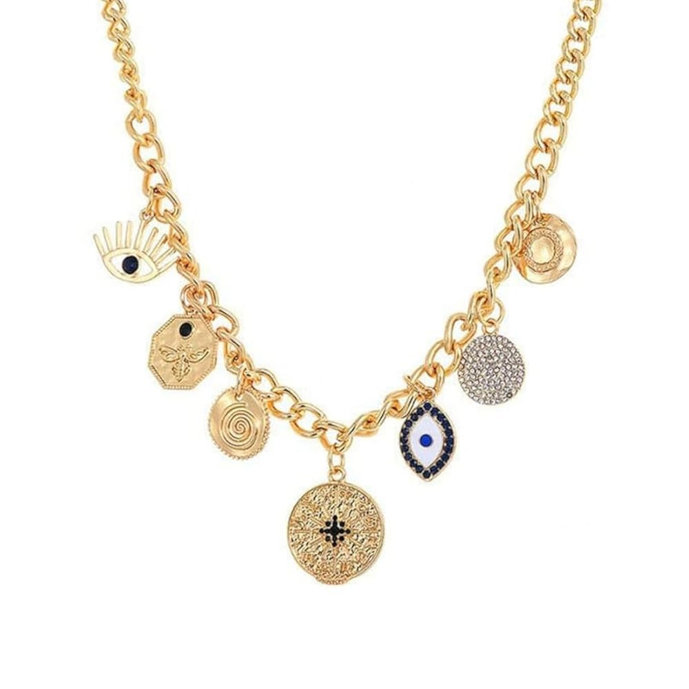 Charm Necklace for Women Chunky Plated Necklace Evil Eye Sun Pendant Statement Rhinestone Chain | Amazon (US)