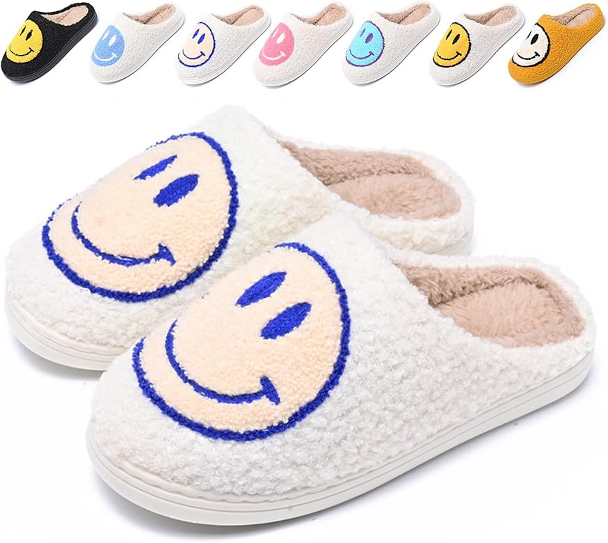 Cute Smile Face Slippers for Women and Men,Soft Plush Comfy Warm Couple Slip-On House Happy Face Sli | Amazon (US)