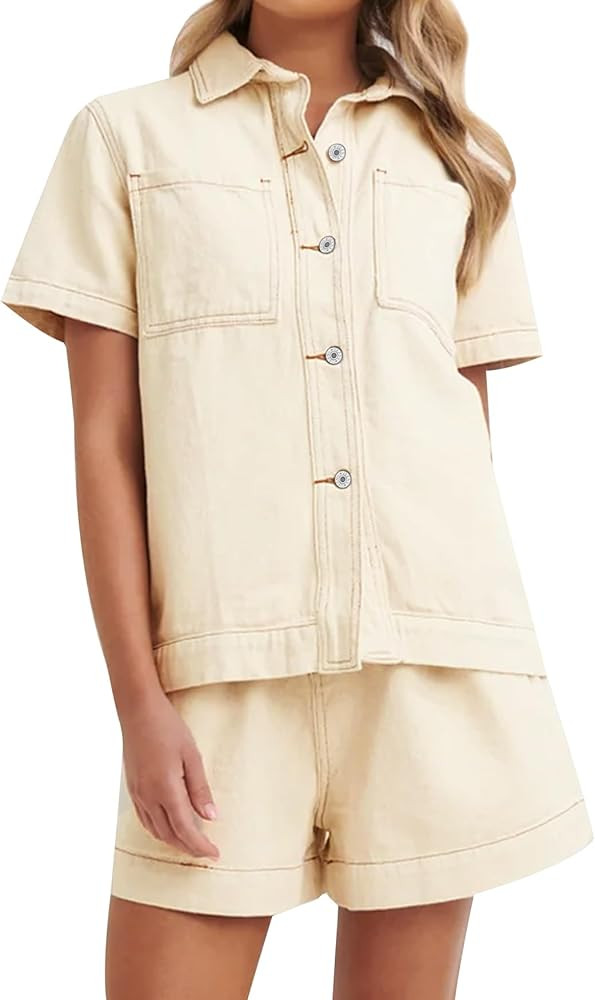 Kedera Conjunto de mezclilla de verano para mujer, 2 piezas, casual, manga corta, camisa cuadrada... | Amazon (US)