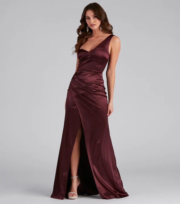 Darlene Formal Satin Wrap Slit Long Dress | Windsor Stores