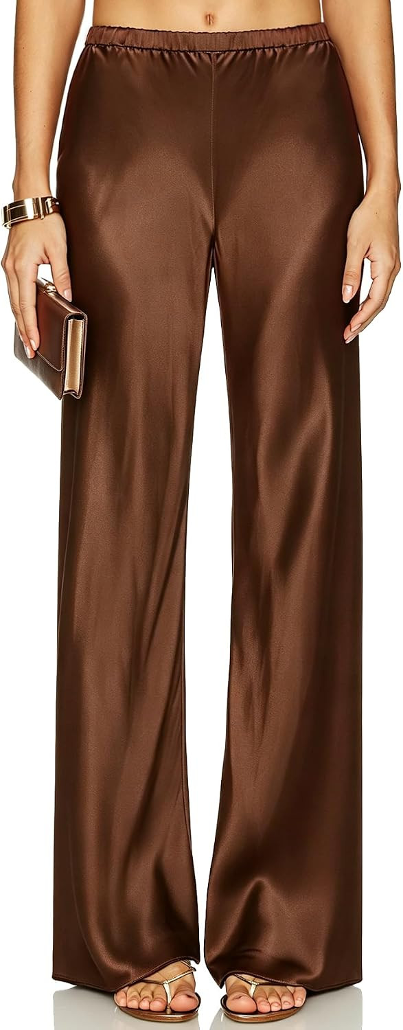 Women's Satin Silk Wide Leg Pants Elastic Waist Palazzo Trousers | Amazon (US)