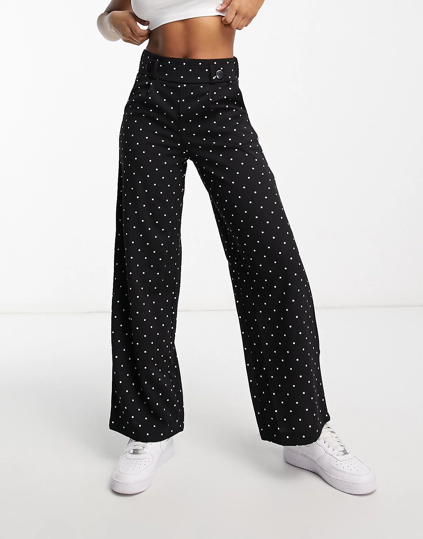 JDY button detail wide leg dad trouser co-ord in black polka dot | ASOS (Global)