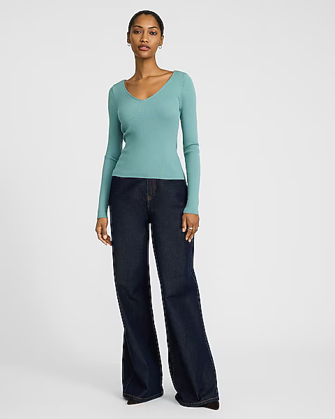 Silky Soft Fitted Ribbed Double V-Neck Sweater | Express