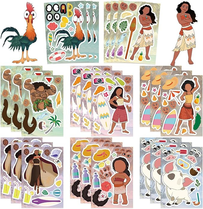 24 Sheets Cute Disney Stickers for Kids Make Your Own Cartoon Moana Sticker Make a Face Stickers ... | Amazon (US)
