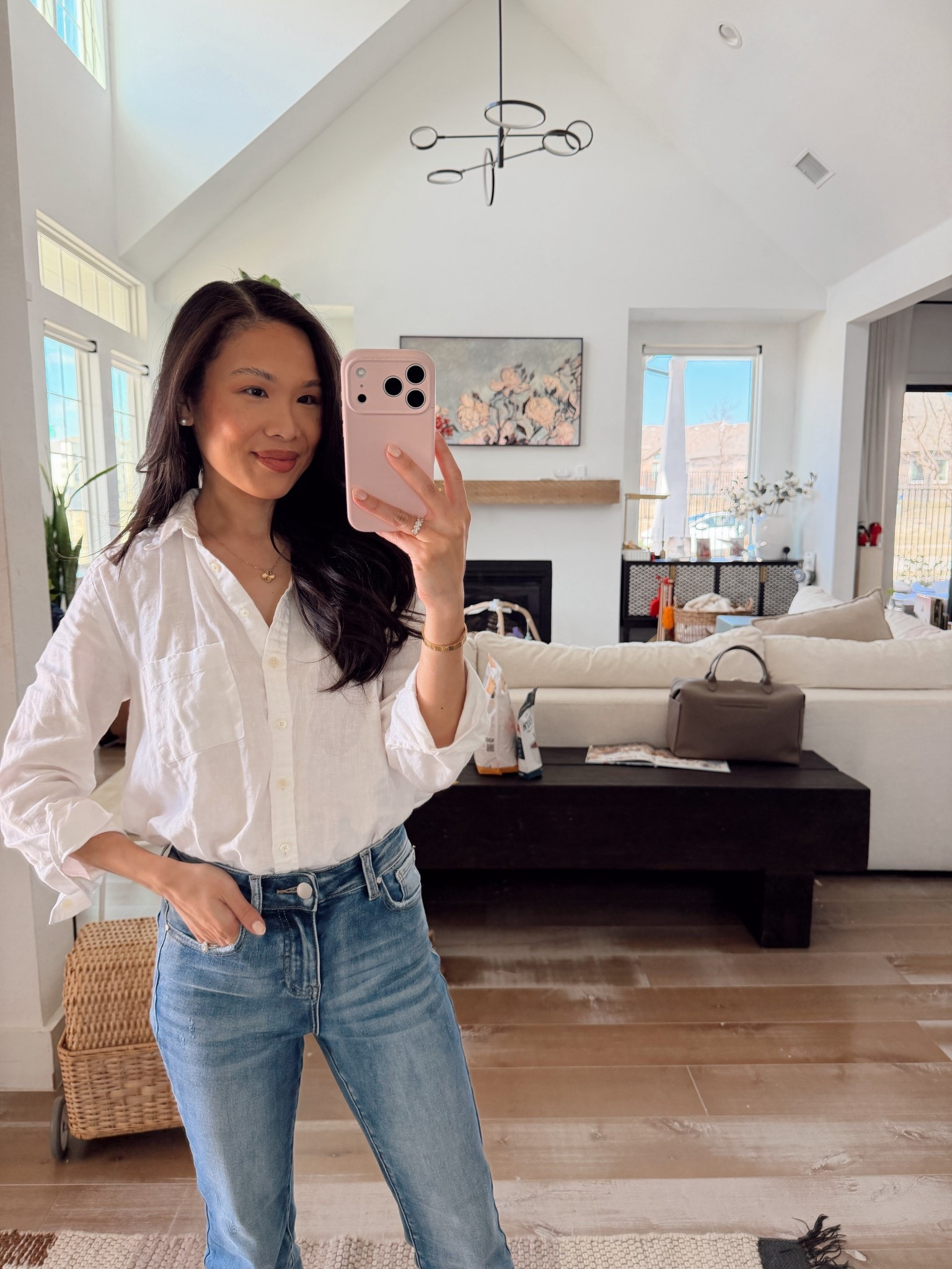 Spring outfit with white linen bitton down paired with skinny jeans for a chic look. Love this for early spring. Easy to style and can be styled more casual or dressy 

#LTKSeasonal #LTKootd