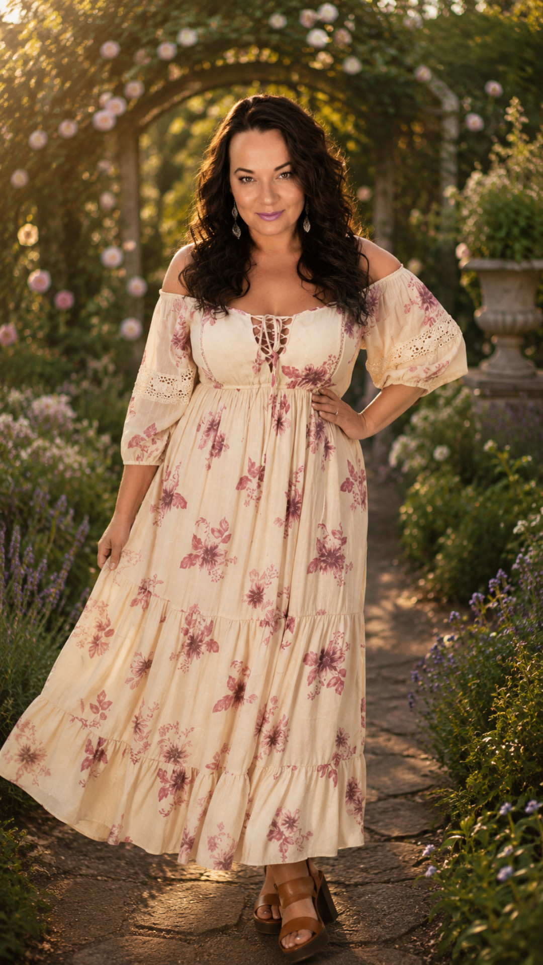 This dress belongs in a garden and so do you. The cream and mauve floral print, off-shoulder puff sleeves, lace-up bodice detail, and tiered skirt make this one of the most romantically beautiful plus size dresses I have ever worn. It is giving cottagecore, it is giving fairy tale, it is giving everything. Perfect for outdoor weddings, engagement photos, summer garden parties, or any moment you want to feel like you stepped out of a storybook. 

 #LTKOver40 #LTKPlusSize