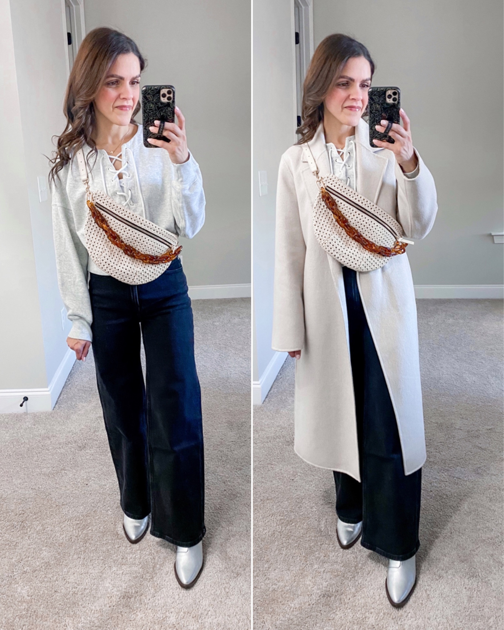 Ways to style a long knit wool coat for Winter | cropped sweatshirt, black wide leg jean, metallic silver boot, grande Fanny belt bag 

#LTKstyletip