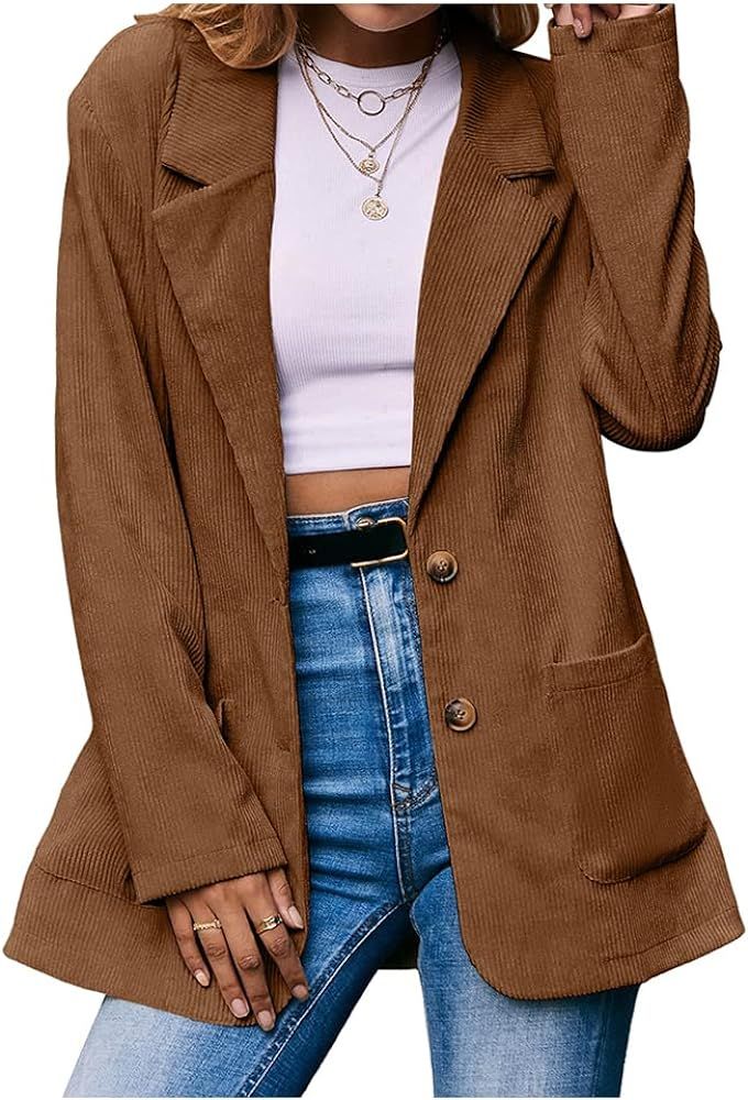 Ladyful Womens Lapel Corduroy Blazer Casual Single Breated Work Office Jacket Coat | Amazon (US)