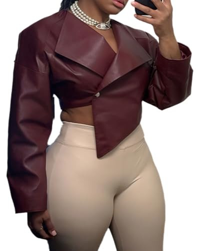 RISCUYY Cropped Jacket Women Leather Irregular Hem Button Down Lapel Long Sleeve Red Cropped Leather Jacket Women 2025 | Amazon (US)
