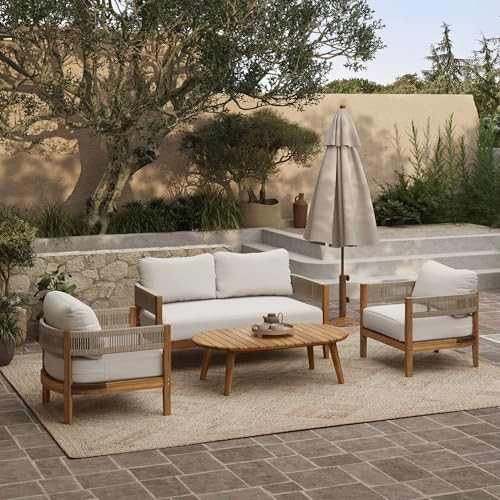 LuxenHome Outdoor Conversation Sets Patio Furniture, Acacia Wood with Rope Sides 4-Person Club Patio Set with Coffee Table, Outdoor Furniture for Backyard, Garden, Balcony | Amazon (US)