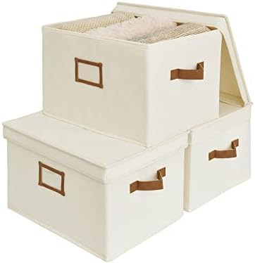 StorageWorks Storage Bins with Lids, Decorative Storage Boxes with Lid and PU Handles, Foldable S... | Amazon (US)