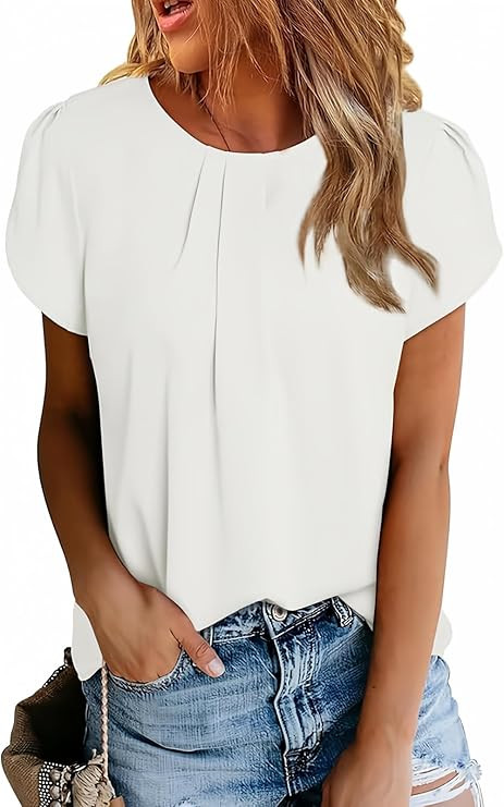 Dokotoo Women's Casual Round Neck Basic Pleated Tops Short Sleeve Loose Fit Curved Back Chiffon B... | Amazon (US)
