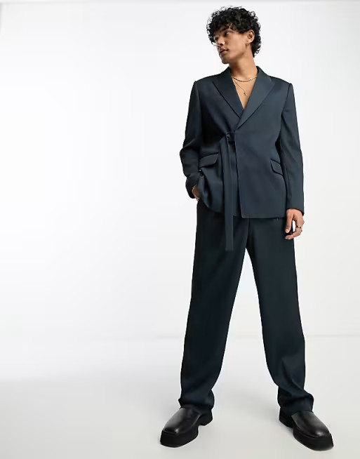 ASOS DESIGN wide leg suit pants in navy plisse | ASOS (Global)
