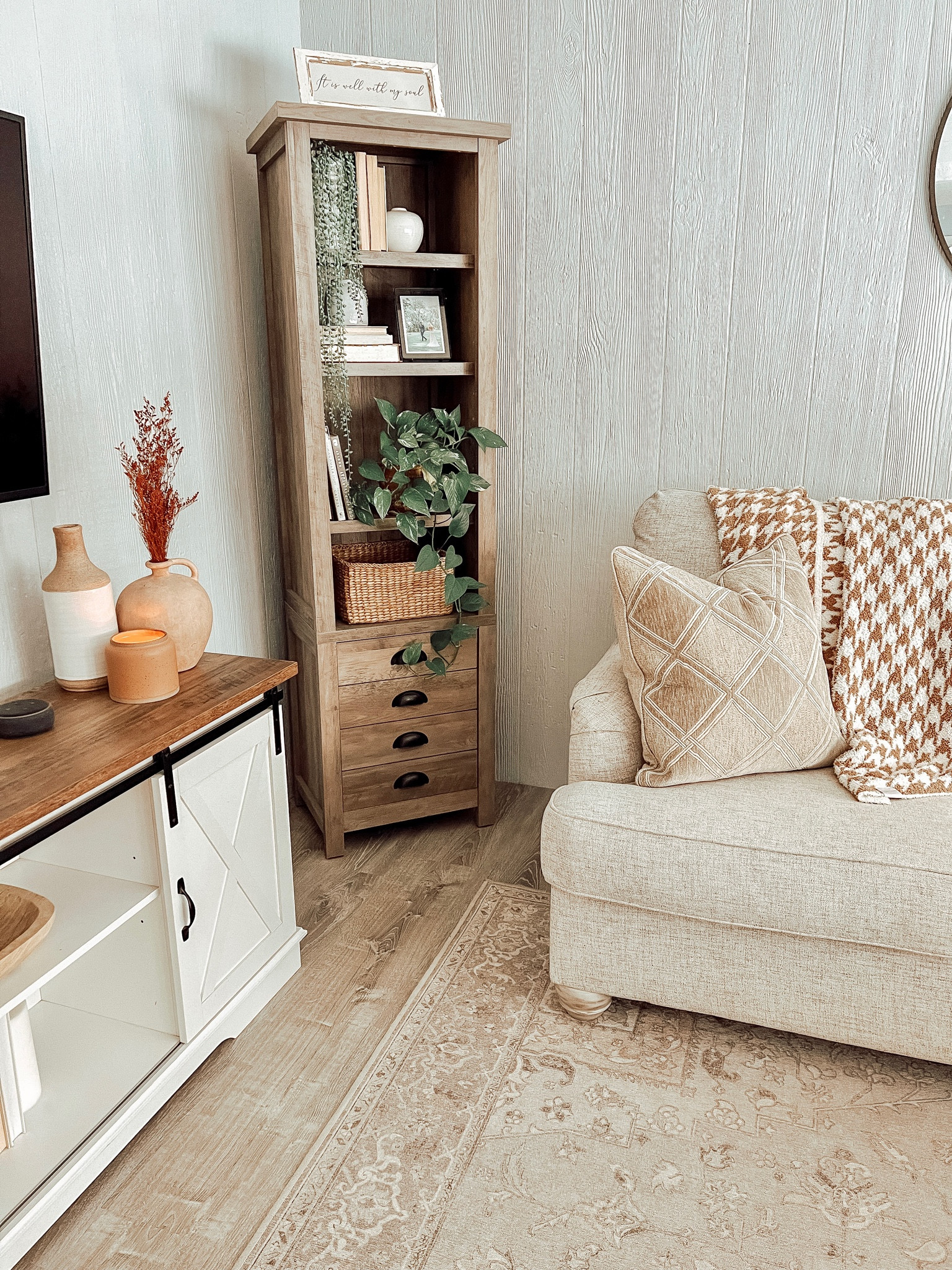 Neutral farmhouse bookshelf 
Living room decor
Farmshouse decor
Farmhouse white tv stand 
Ruggable neutral rug 

#LTKhome