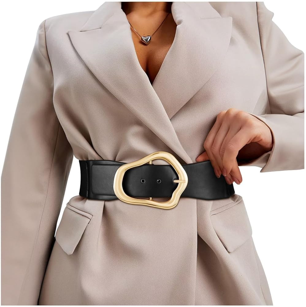 XZQTIVE Women Wide Elastic Waist Belt for Dresses Fashion Big Gold Buckle Stretchy Leather Waistb... | Amazon (US)