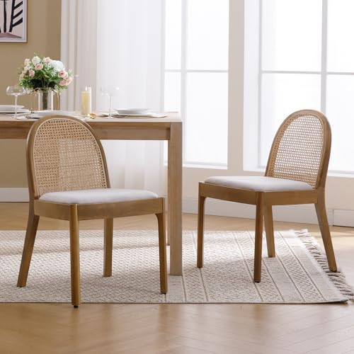 DUOMAY Mid-Century Modern Rattan Dining Chairs Set of 2, Wooden Dining Room Chair with Cane Backrest and Padded Seat, Linen Upholstered Dining Chair, Natural Finish, Beige | Amazon (US)