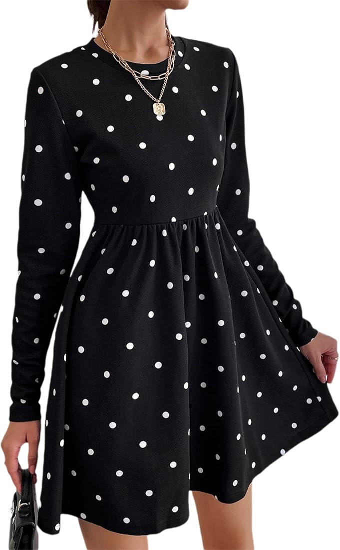 SheIn Women's Polka Dot Long Sleeve A Line Dress Pleated Flared Crewneck Mini Dresses | Amazon (US)