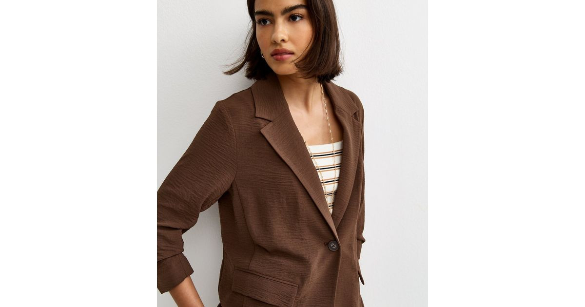 Dark Brown Ruched Sleeve Blazer | New Look | New Look (UK)
