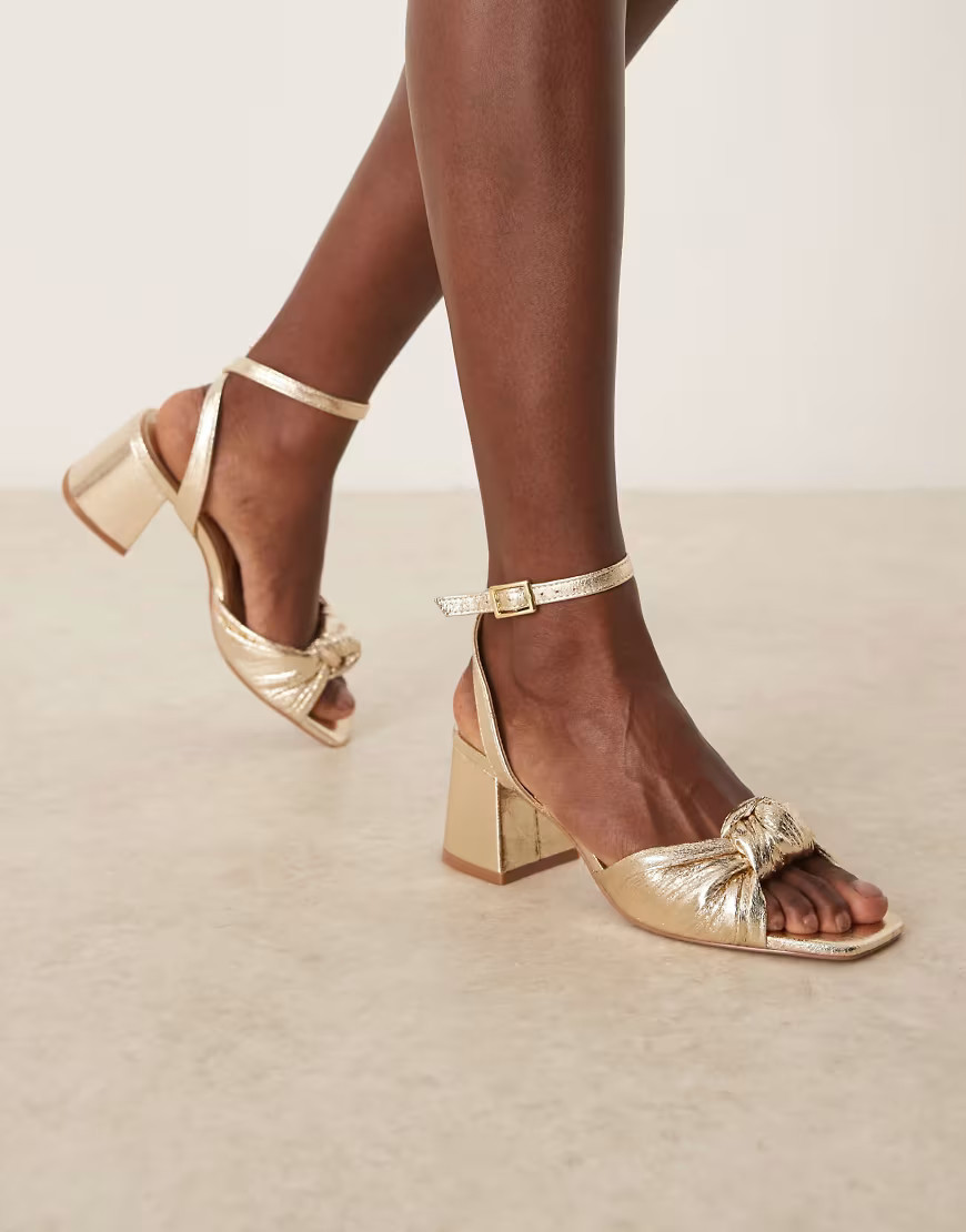 ASOS DESIGN Hansel knotted mid heeled sandals in gold | ASOS (Global)